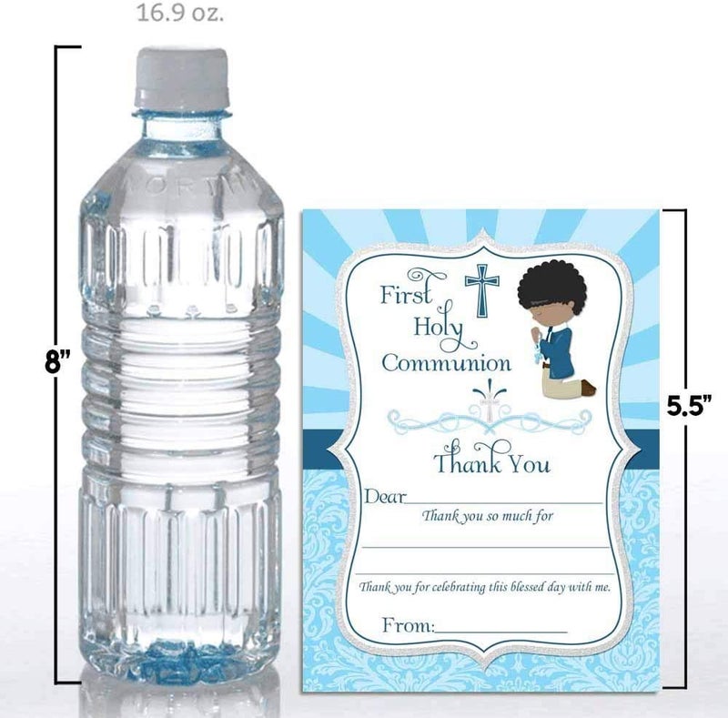 Amanda Creation First Holy Communion Religious Thank You Notes for Boys (Darker Skin, Black Hair), Ten 4" x 5.5" Fill In The Blank Cards with 10 White Envelopes by AmandaCreation - Image 4
